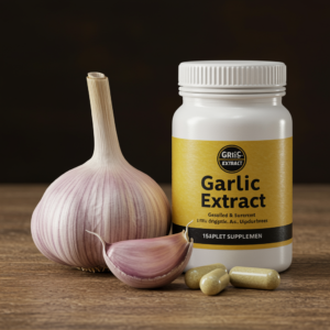 head of garlic next to container of garlic extract supplement