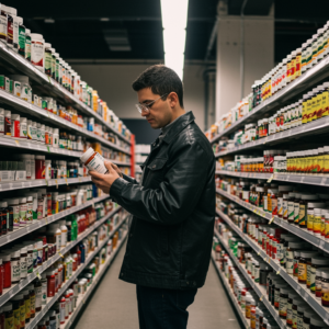 person shopping for health supplements in a store