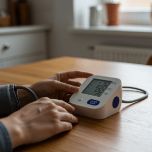 person using a blood pressure monitor