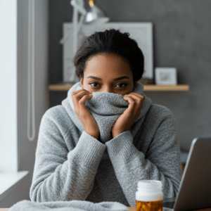 sick woman taking immune support supplements